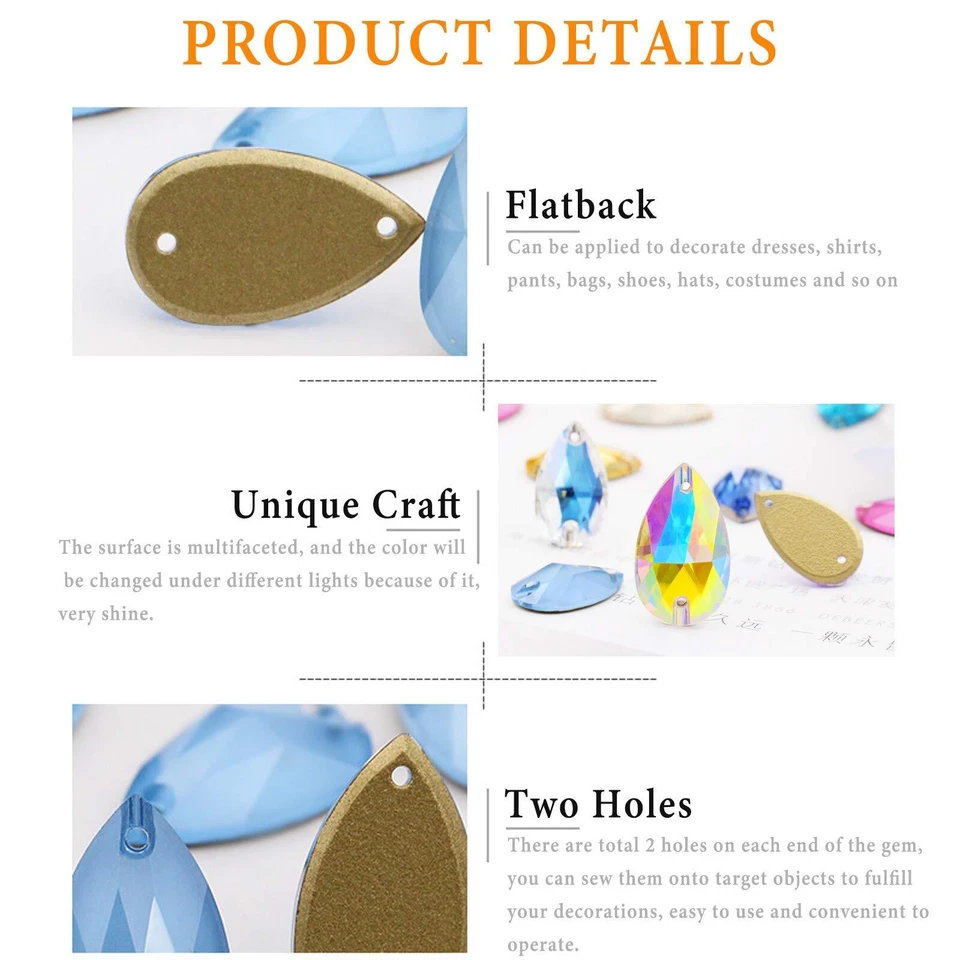 Teardrop Rhinestones Sew on Flatback Rhinestones 24pcs 11X18mm Flat Back Rhin... - Image 3 of 4