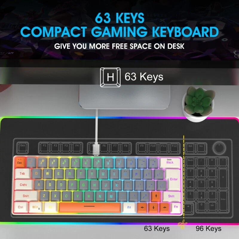 63-Key Mechanical Gaming Keyboard with LED Backlight for Office and Gaming