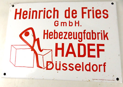 Emaille Schild Emailschild H. de Fries HADEF Hebezeugfabrik  ca. 32x44cm NK-146