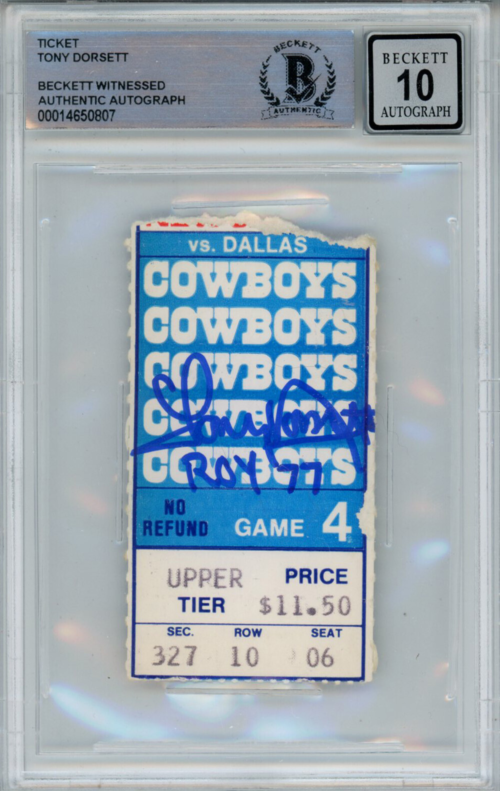 Tony Dorsett Autographed Signed 11/6/1977 Vs Giants Ticket Stub Beckett Slab 39285 