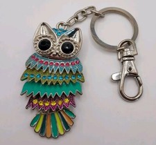 Owl Keychain Rhinestones W/ Colored Enamel Design Reticulated Body 2.5" Vtg