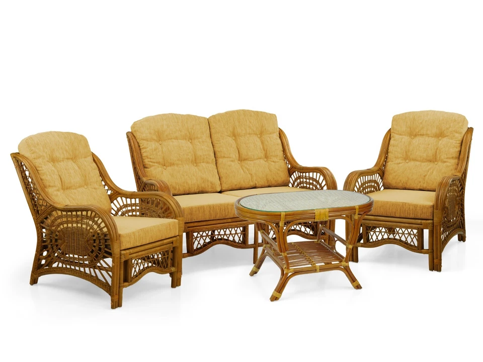 Malibu藤条生活套装2把椅子双人沙发咖啡桌殖民地带靠垫 — 第 2/4 张图片