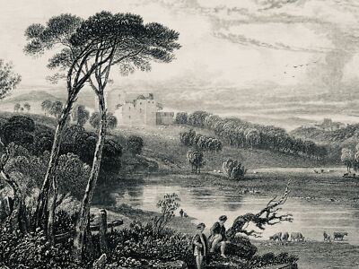 um 1833 schottischer antiker Druck DOUNE CASTLE Stirling von J.D. Harding