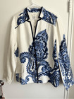Chicos XL Size 3 Linen Jacket Blue Paisley Optic White Button Up Floral NEW