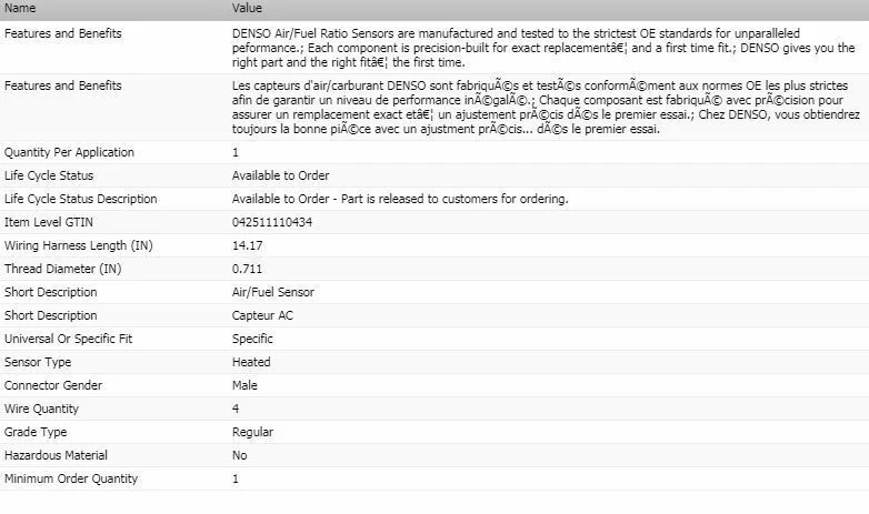 Sensor de relación aire/combustible Denso Upstream delantero para Toyota Camry 1998-2000 Foto 2 de 4