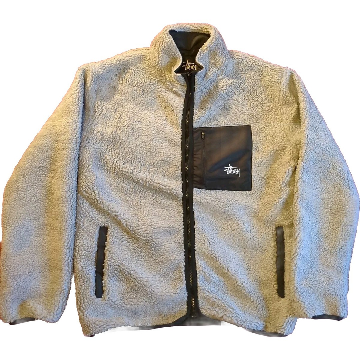 Stüssy Ball Sherpa Fleece Rework Jacket Grey Size Large UK