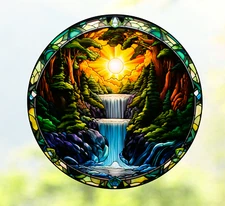 Scenic Waterfall at Sunset Faux Stained-Glass WINDOW CLING Size 8" Round Vinyl