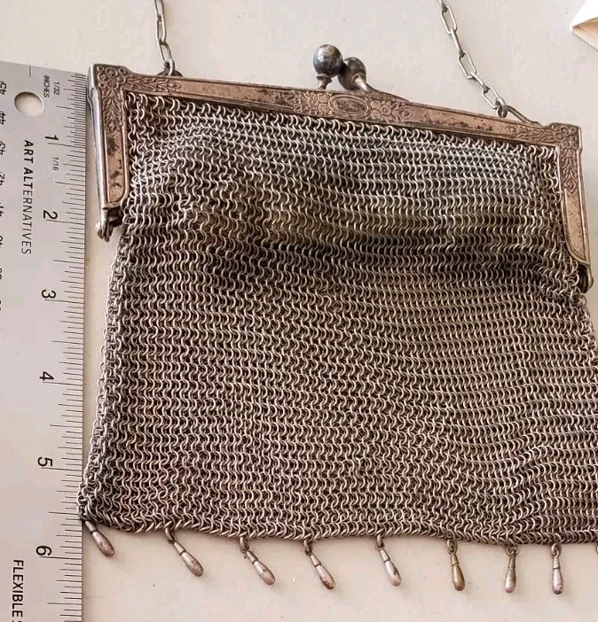Antique Mesh Purse German Silver Chain Handle Dangling Tassel Original Lining - Image 4 of 4