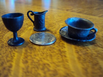 Antique Miniature 1' Pewter Childs Dishes- 4 pieces-some embossed design