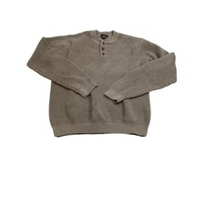 Vintage Eddie Bauer Mens Waffle Knit Henley Sweater Taupe Brown Cotton Large