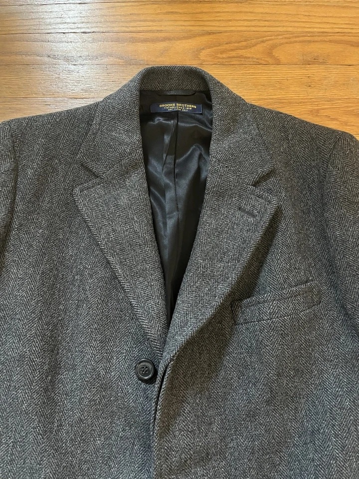 BROOKS BROTHERS Tweed Herringbone Vtg Wool Navy Blue Overcoat Sz 40L USA - Image 2 of 4