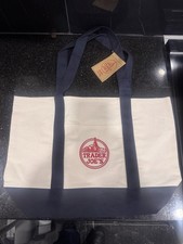 Trader Joe's Foldable Canvas Tote Bag Beige Navy Blue Solid Reusable Shopping