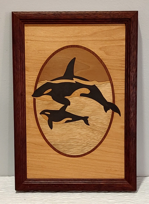 HUDSON RIVER INLAY PICTURE - ORCAS - WOOD MARQUETRY by 7 x 10 - #3