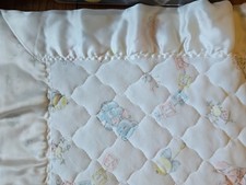 Vintage Baby Nylon Crib Blanket Quilted Pink Bunnies Blue Bears Nylon Binding
