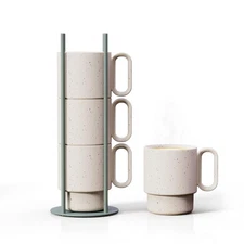 Stackable Coffee Mug Set with Green Stand Rack 4x8oz Ceramic Mugs with Unique...