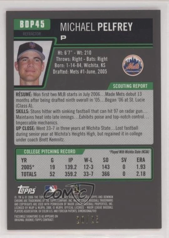 2006 Bowman Draft Chrome Orange Refractor /25 Mike Pelfrey Michael Rookie RC - Image 2 of 2