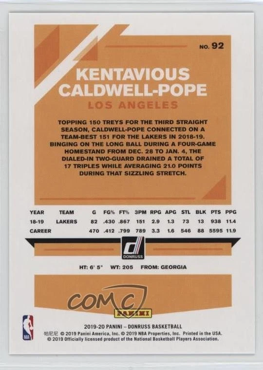 2019-20 Panini Donruss Blue Infinite /35 Kentavious Caldwell-Pope #92 - Image 2 of 2