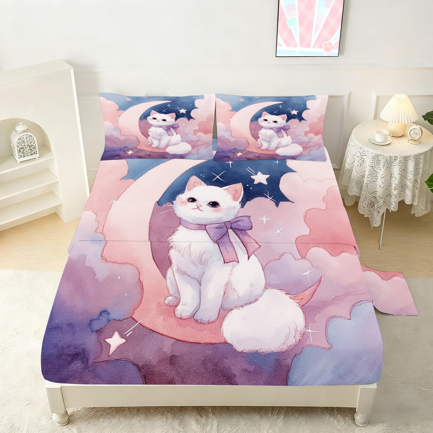 Vtkon Cute Cat Sheet Set Twin Size Girls Watercolor Fitted Sheet Set White Cat