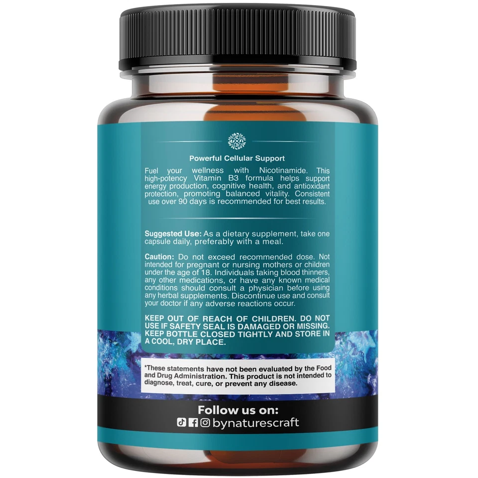 Vitamina B3 Niacinamida 500mg Cápsulas - Energía Mitocondrial y Potente 60ct Foto 2 de 4