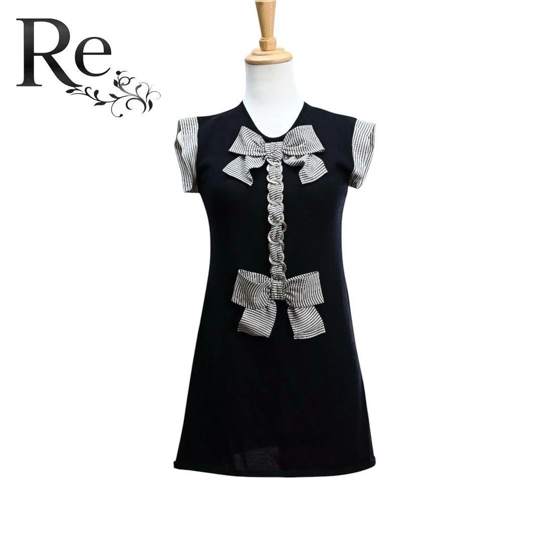 Chanel — Chanel Ribbon Dress Stripe Design Wool Blend Knit Size:38 Black/White SK1679