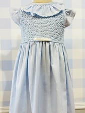 Girls Light Blue 100 Cotton Smocked Dress w/ Embroidered Ruffle Collar