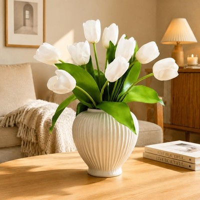 10 Stems Artificial Tulips Bouquet 14'' Fake Tulips Flowers Realistic Faux Flo...
