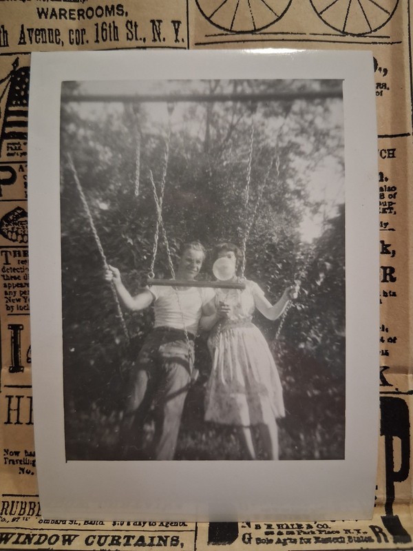 Vintage B&W Photo Attractive Couple Swing Set Blowing Gum Bubble