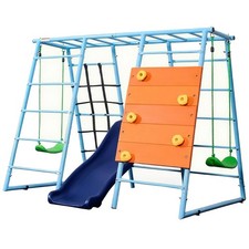 6 in 1 Indoor Playground, Metal Jungle Gym with Climbing Wall, Slide, Monkey ...