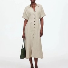 NWT Madewell Women's XS Pleated Midi Shirtdress Short Sleeve Linen Oat Summer