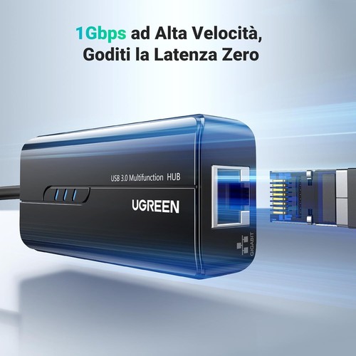 UGREEN Hub USB 3.0 3 Porte e Adattatore Ethernet 1000 Mbps Senza scatola BULK - Picture 4 of 9