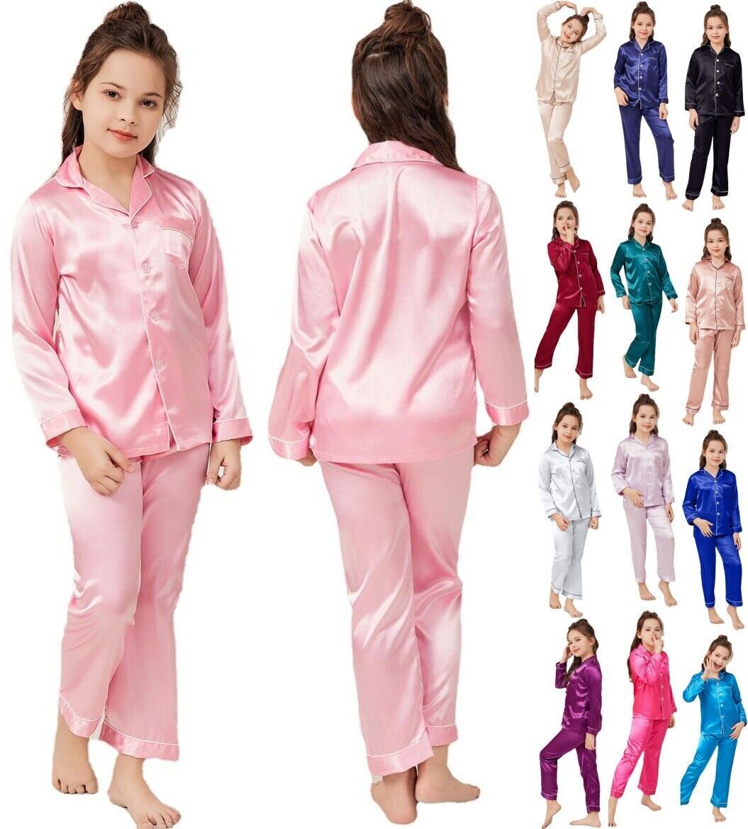 UK Boys Girls Silk Pyjamas Nightwear Top Pants Pjs Satin Sleepwear