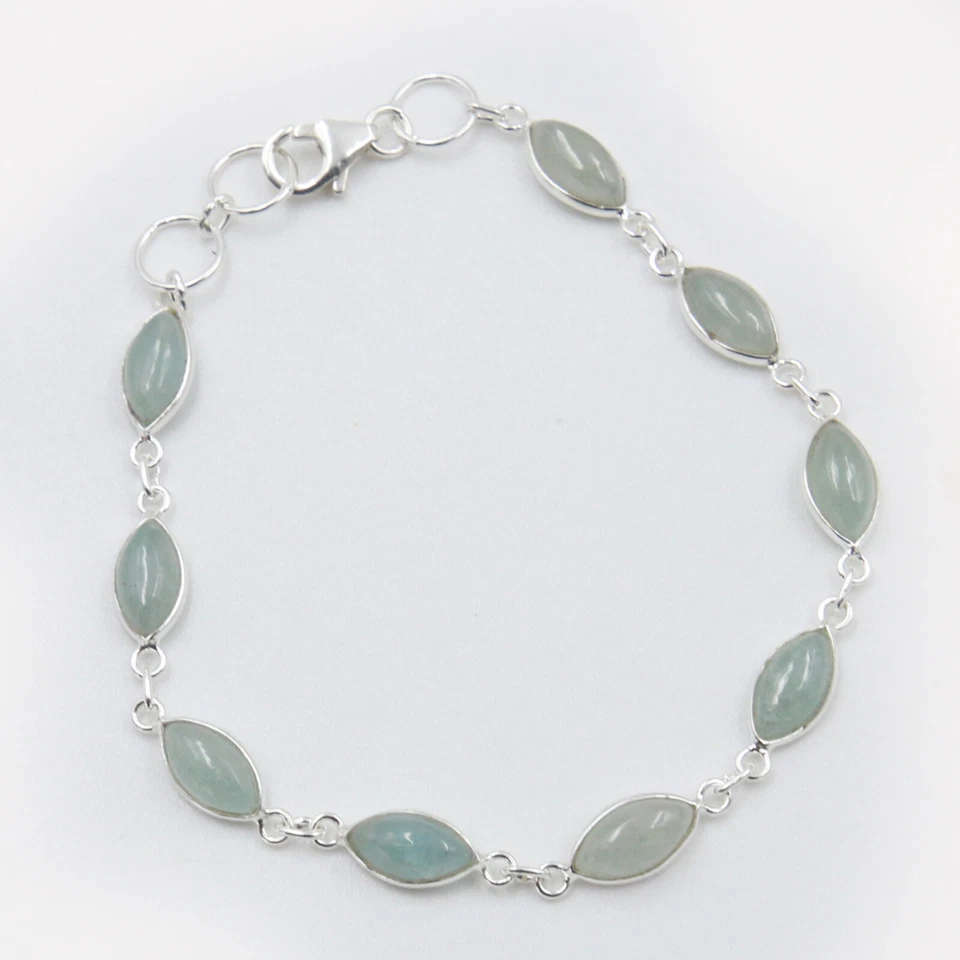 Bracciale Acquamarina Argento 925 Sterling Cabochon Pietre Preziose - Immagine 2 di 2