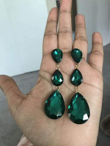 3” Green long Gold Long Teardrop Crystal Pageant Bridal Earrings Formal Prom - Picture 5 of 7