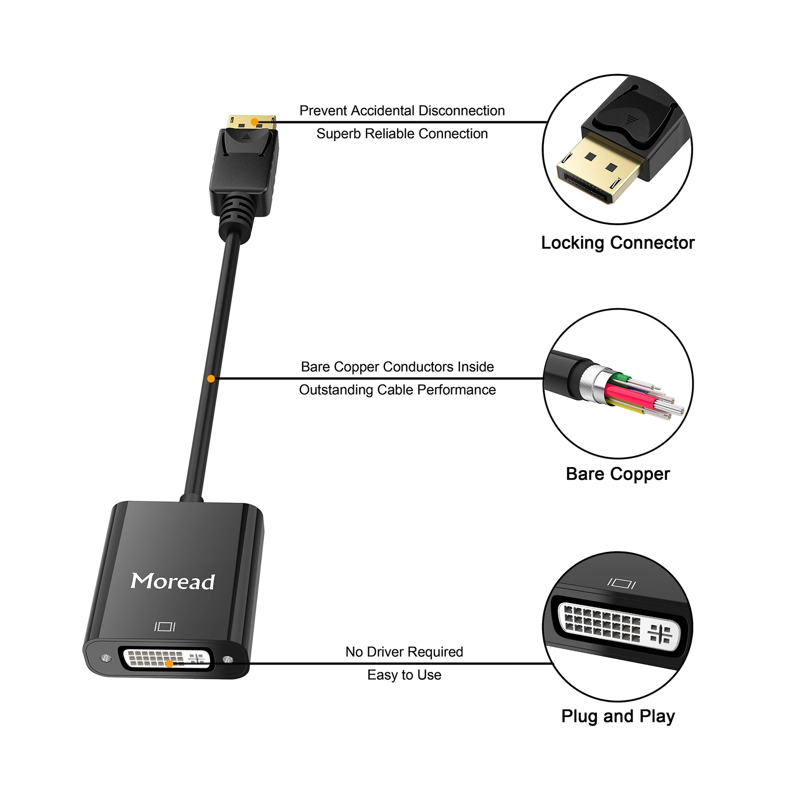 Moread DisplayPort (DP) to DVI Adapter, 5 Pack, Gold-Plated Display Port to D...