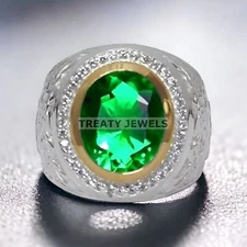 Emerald Oval Cut Gemstone With 925 Sterling Silver Ring For Men's #606 *