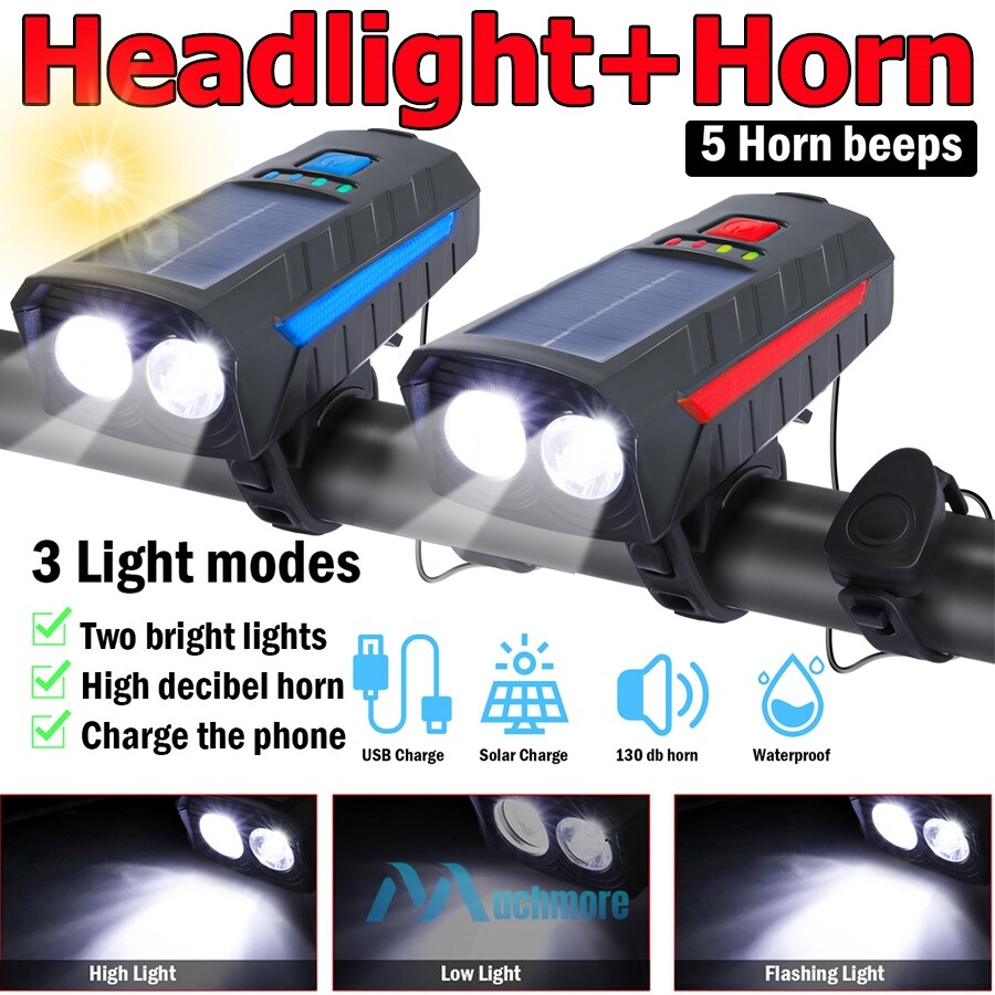 Solar Bike Light with Horn, USB Charging, 3 Modes for Night Riding