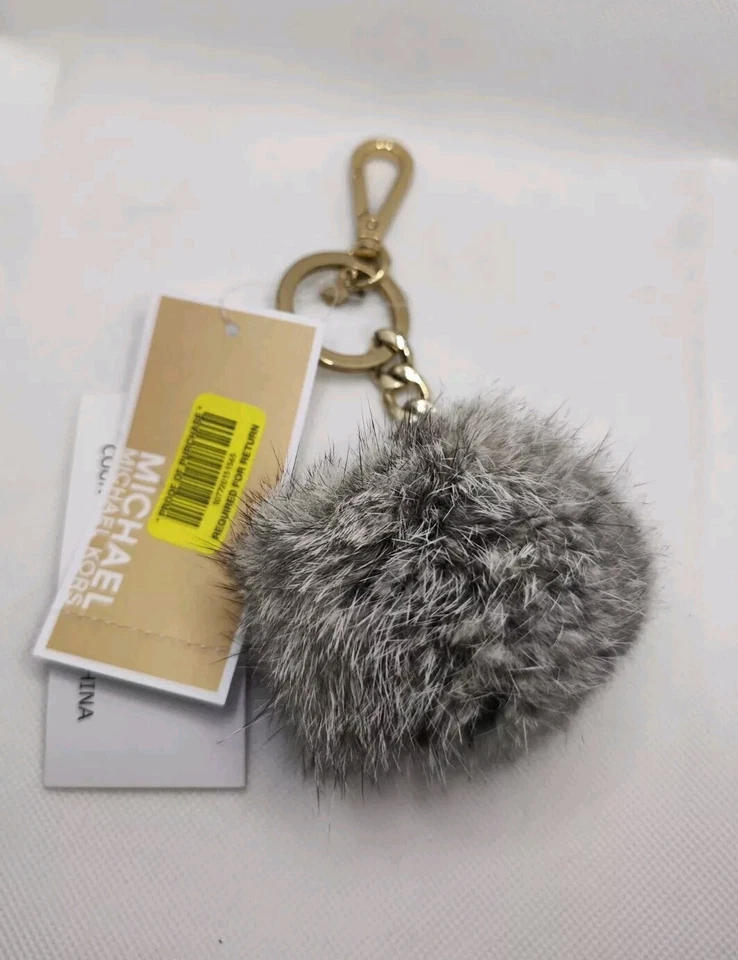 Chaveiro Michael Kors cinza pele pom pom bolsa fob berloque prata/metal novo com etiquetas - Imagem 2 de 4
