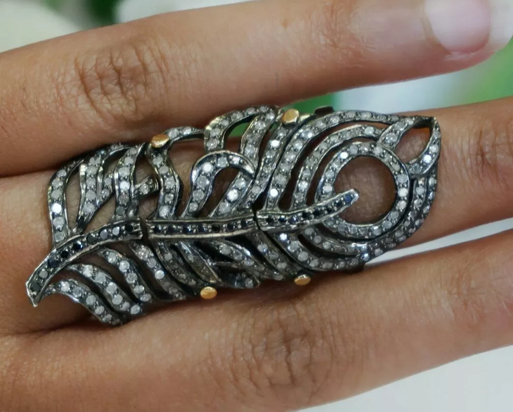 Pave Diamond Peacock Feather Ring 925 Silver Knuckle Ring 14k Gold