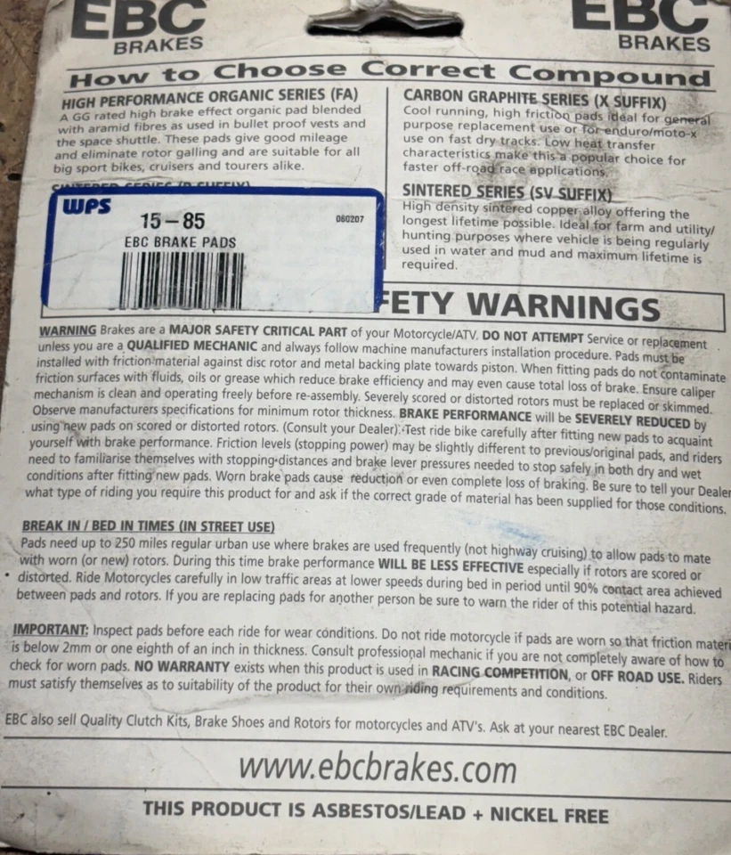 Pastilhas de freio EBC FA85 Kawasaki VN800 VN750 EN500 Vulcan Eliminator EL EX 250 ZX VN - Imagem 2 de 4