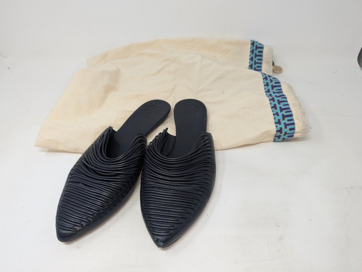 Tory Burch Sienna Dark Navy Blue Leather Mule Slide Flats Size