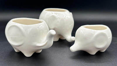 Mini Ceramic Elephant Shaped Planters Pots for Succulents Set of 3 Mod White