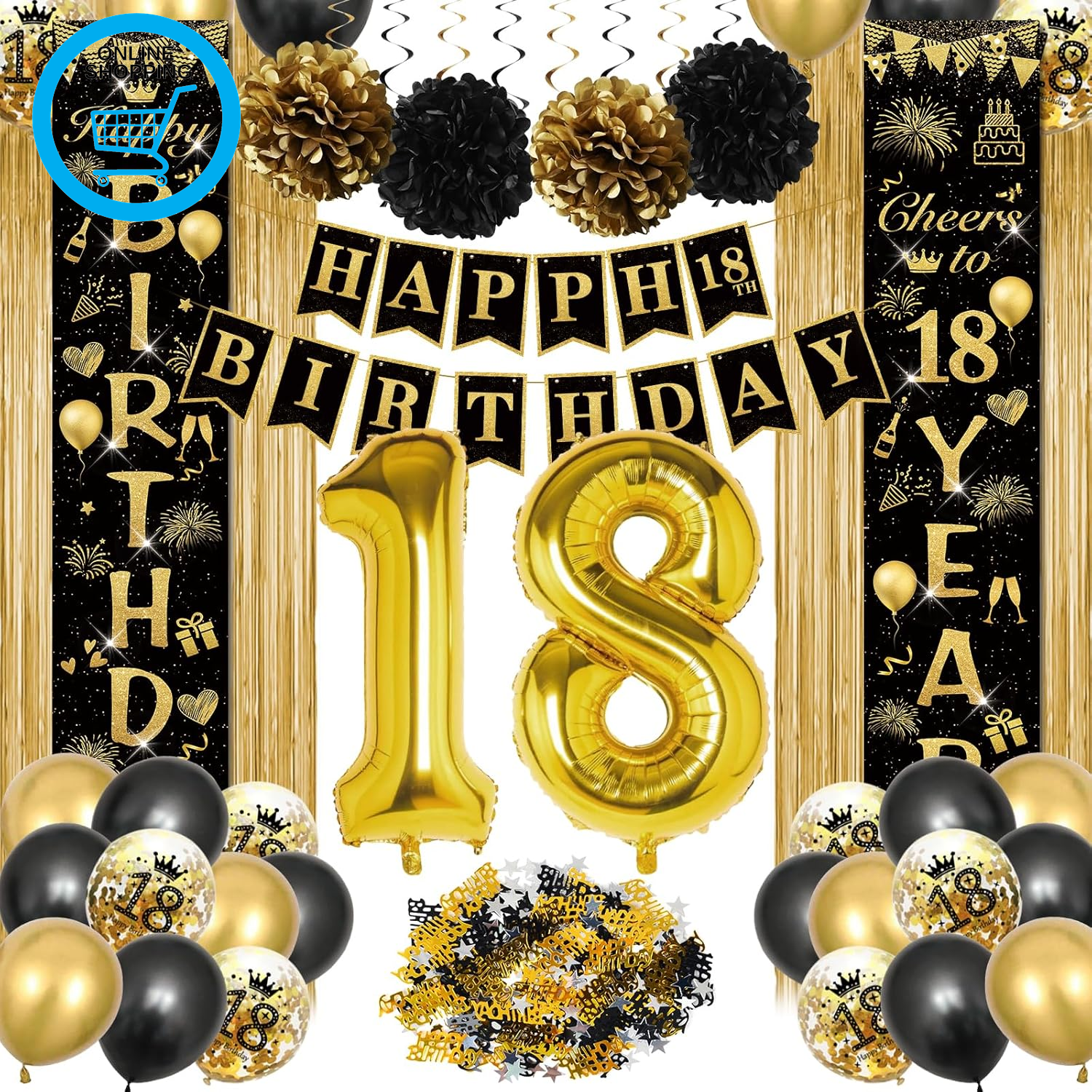 Black Gold 18Th Birthday Decorations - Boy Girl Banners, Foil Number Balloons, H