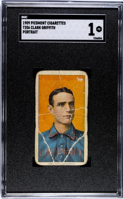 1909 T206 CLARK GRIFFITH POOR PIEDMONT 150 HOF PORTRAIT SGC 1 CINCINNATI REDS
