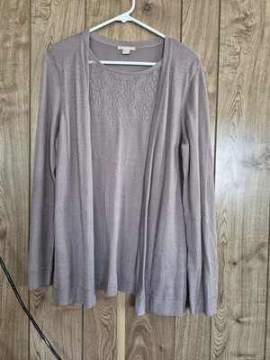 Ostin Women s Open Front Cardigan XXL Taupe Knit Lace Detail Lightweight Sweater