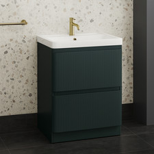600mm Fir Green Fluted Bathroom Vanity Unit Basin 2 Drawer Freestanding Cabinet