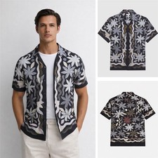 Mens Reiss Black Floral Shirt Delphi Cuban Collar Short Sleeve Summer