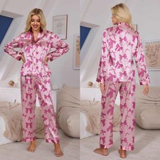 Damen Satin Pyjama Set Langarm Schleifen Muster Pink S–XXL Elegant Weich