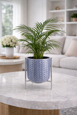 Image of Glazed Round Pot & Raised Metal Stand Rack Modern Plant Pot Holder Home Decor