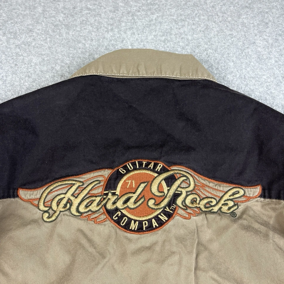 Hard Rock Cafe Mechanic Shirt Men XL Button Up Biker Guitar Co Shirt Tan Patches - Image 4 of 4