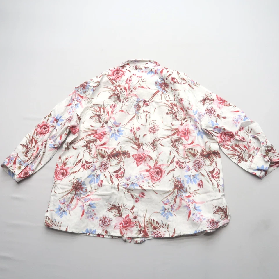 Erika Linen Blend Blouse Large Button Up 3/4 Sleeve Floral Print Collared Top - Image 2 of 4